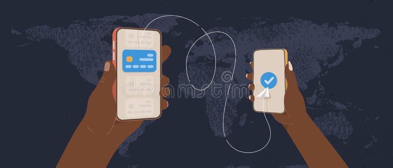 Transfergeld via online internetbankieren over de hele wereld - platte vectorillustratie. afrikaanse handen met telefoon