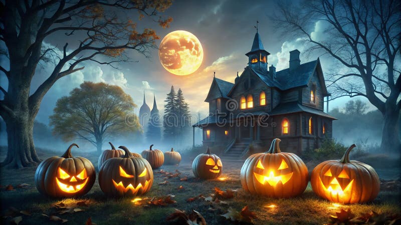 Enchanting Halloween Night Decor Glowing JackoLanterns Haunted House Silhouette and a Full Moon for Captivating royalty free illustration