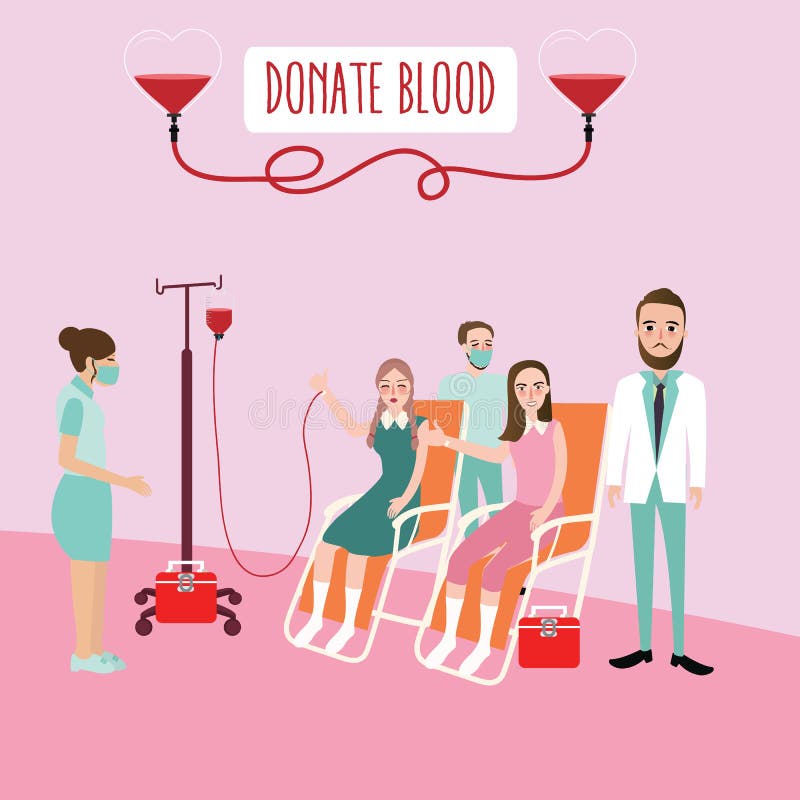 Transfusion de attente de distributeur de don du sang aidant d'autres pour offrir avec l'infirmière et le docteur illustration de vecteur Transfusion de attente de distributeur de don du sang aidant d'autres pour offrir avec l'infirmière et le docteur illustration de vecteur