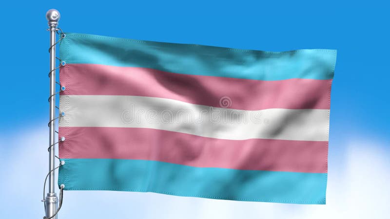 Transgender flag waving on blue sky. Cheerful symbol of Lgbtq social movement