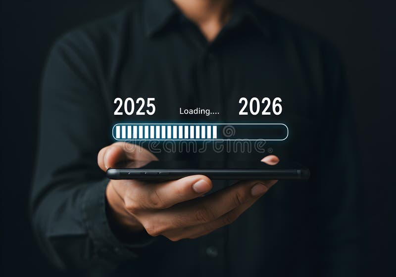 Transitioning to the new year concept of loading bar from year 2025 to 2026 on a mobile phone vector illustration