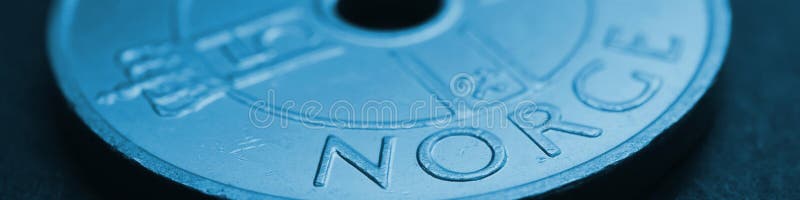 Translation: Norway. 1 Norwegian krone coin close up. National currency of Norway. Blue tinted money banner or header for news about economy or finance. Loan and credit. Tax and inflation. Macro