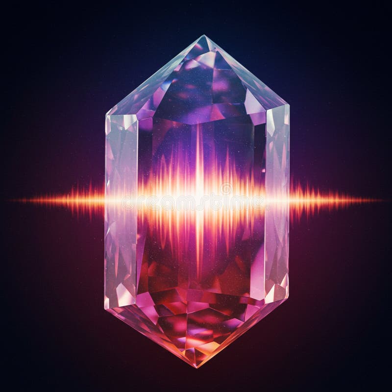 A translucent crystal with a hexagonal shape, displaying purple and pink hues, stands stock illustration