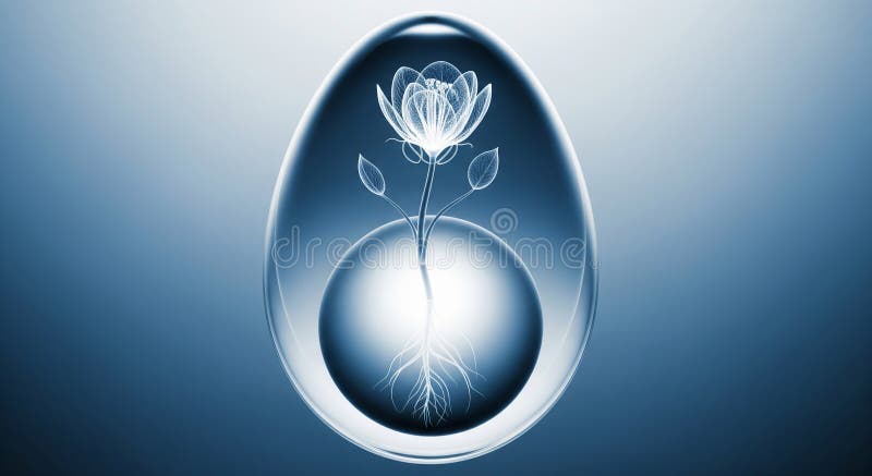 Detailed skeletal structure of a tiny flower seen inside a translucent egg in a creative art style stock illustration