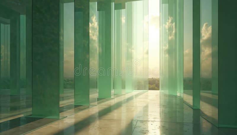 Translucent green glass layers reveal landscape behind. Windows open to parallel dimension with alternate realities. Infinite