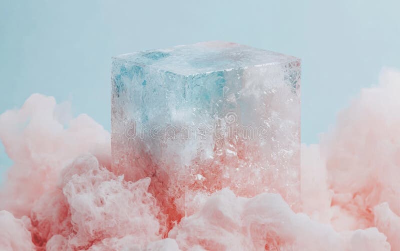 Translucent Ice Cube on Pink Cloud Background vector illustration