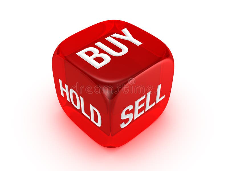 Translucent red dice with buy, sell, hold sign