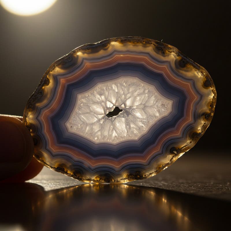 Translucent slice of agate with concentric bands of blue, purple, white, and brown vector illustration