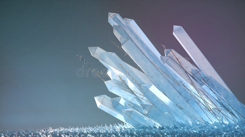 Translucent subtle colored crystals with thin golden grass 3d render background ice winter luxary vip sci-fi concept.