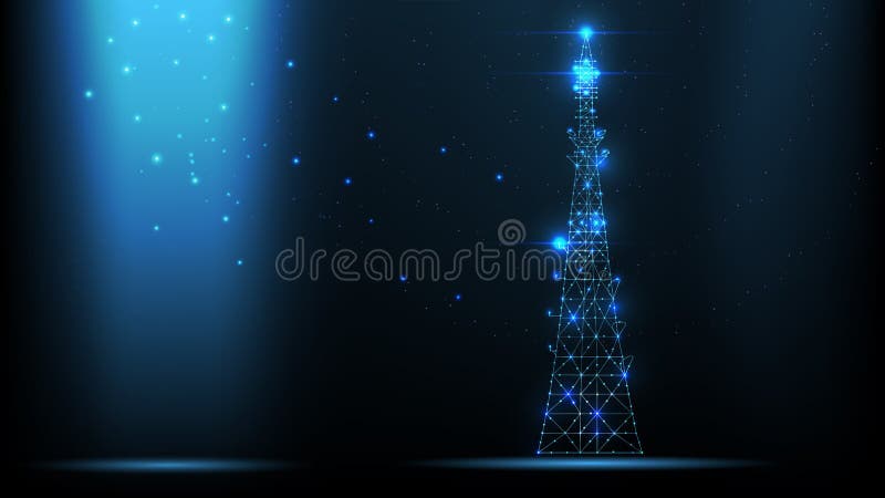 Transmissor abstrato do sinal das telecomunicações do wireframe do vetor, torre de antena de rádio das linhas e triângulos, ponto ilustração stock Transmissor abstrato do sinal das telecomunicações do wireframe do vetor, torre de antena de rádio das linhas e triângulos, ponto ilustração stock