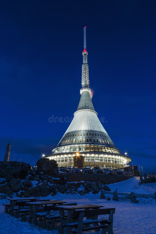Transmitter and lookout tower in a winter landscape on the hill. Jested lookout tower, night view. Liberec, Bohemia, Czech Republic. Beautifull sunny day stock image Transmitter and lookout tower in a winter landscape on the hill. Jested lookout tower, night view. Liberec, Bohemia, Czech Republic. Beautifull sunny day stock image