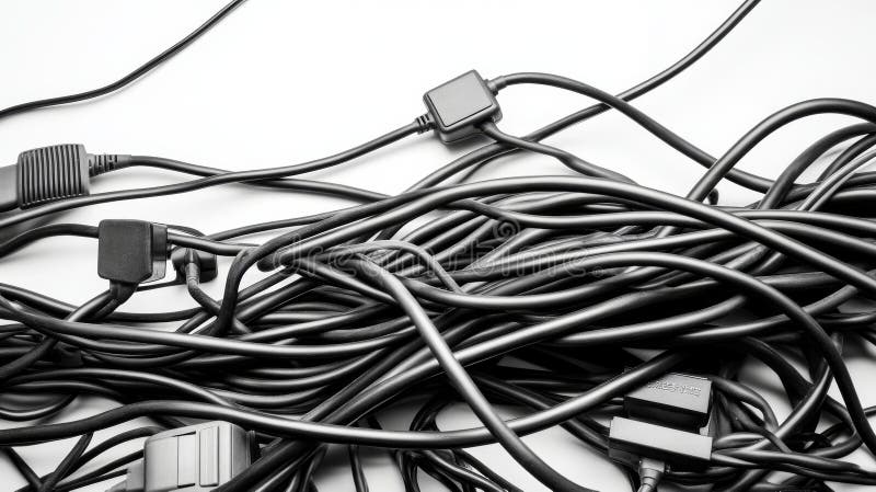 A transparent background provides the setting for a 3D illustration of an abstract background filled with tangled audio cables and vector illustration