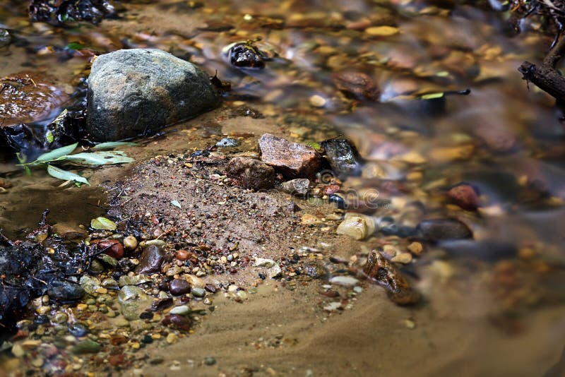 Transparent cold forest creek with stones leaves and sand under