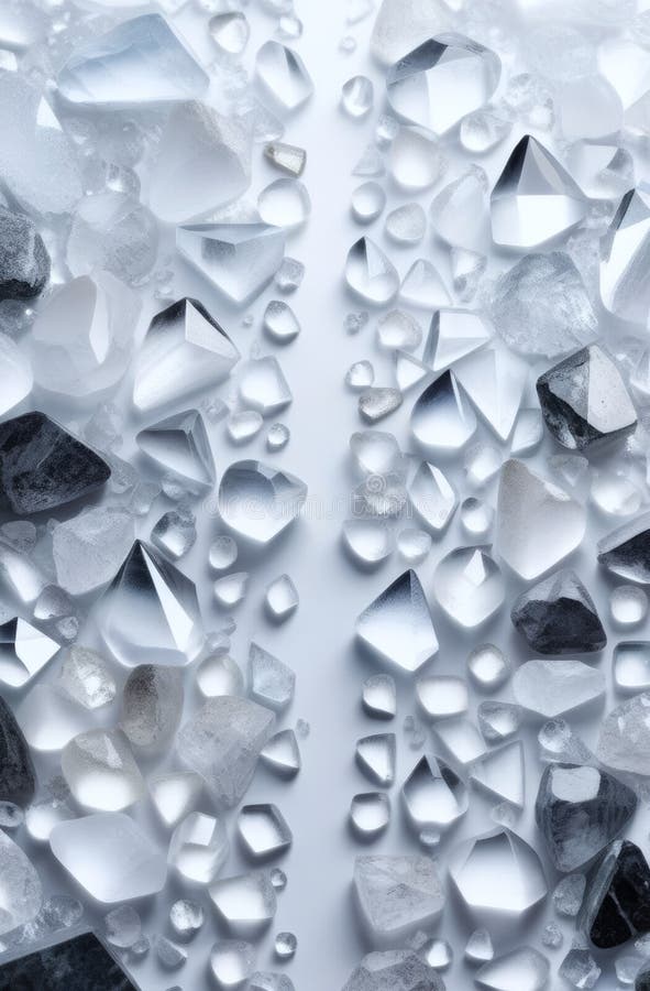 Transparent crystals varying in shape and size, in clear and dark hues, arranged against light background. concepts vector illustration