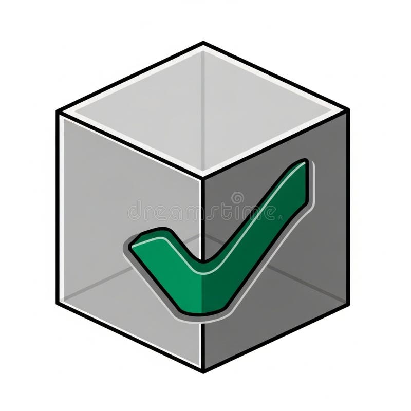 Transparent cube with a bold green checkmark on the front face royalty free illustration
