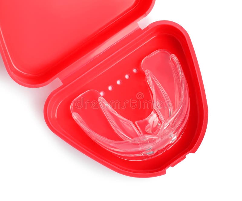 Transparent Dental Mouth Guard in Container Isolated on White, Top View