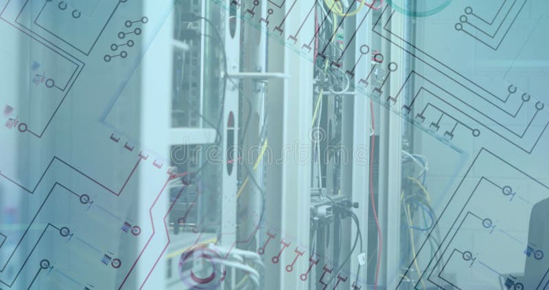 Transparent diagrams overlay a tech-driven workspace, with copy space royalty free stock photography