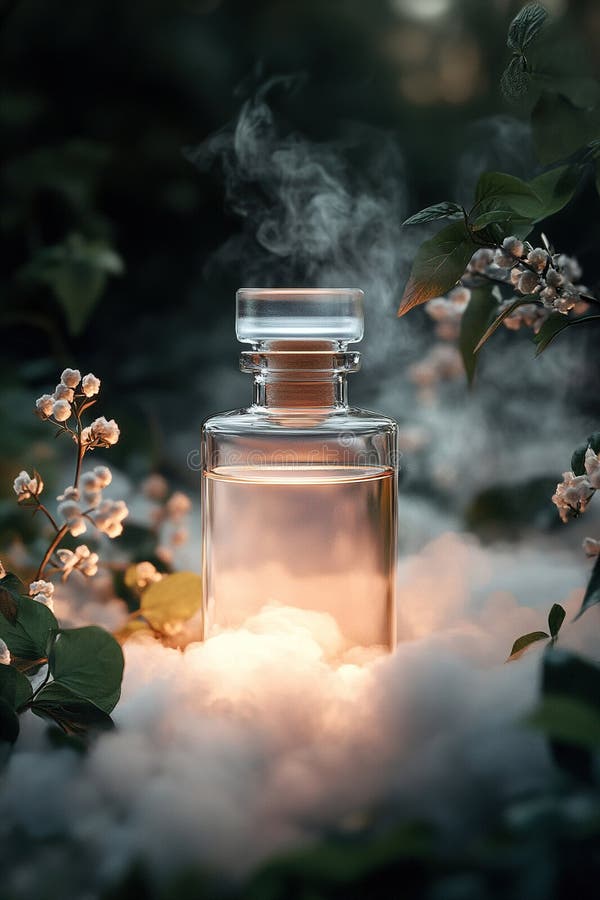 A transparent glass bottle filled with a radiant liquid hovers above soft mist in a magical garden. Flowers bloom around royalty free stock photos