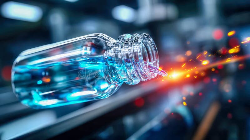 Transparent glass bottle on production line illuminated with glowing light effects royalty free stock photography