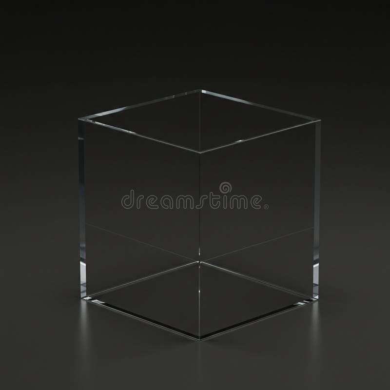 A transparent glass cube with clean, sharp edges is placed on a smooth black surface stock illustration