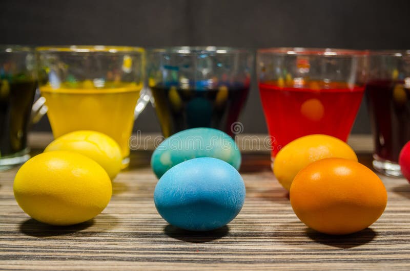 Cups with Colored Water and Easter Eggs Stock Image Image of drink