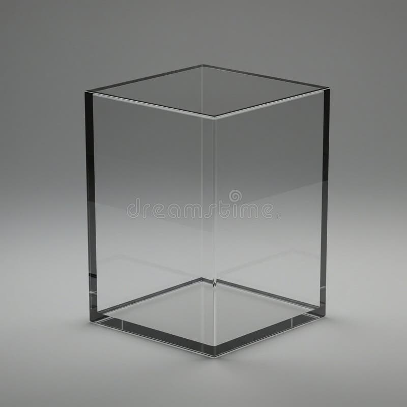 Transparent glass rectangular prism with clean, sharp edges, set against a plain gray royalty free illustration