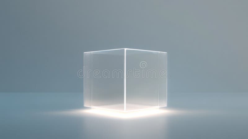 Transparent illuminated cube in minimalistic design with soft lighting concept stock images