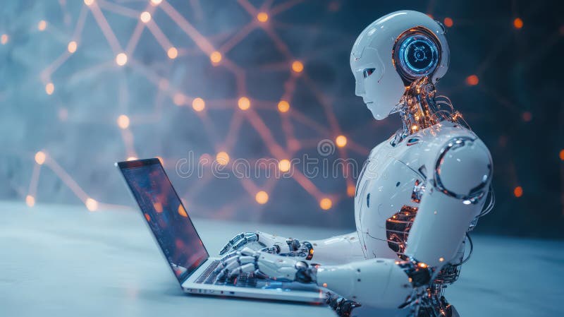 Transparent, intricate robot working on a laptop against digital network background displays AI concepts royalty free illustration