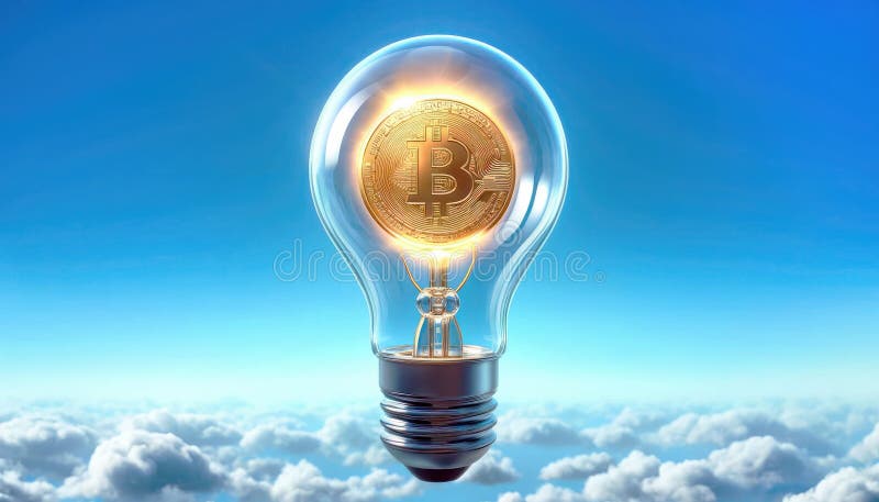 Bec transparent cu bitcoin strălucitor în interiorul cerului albastru, cunoașterea conceptului de cunoaștere cognitivă a conceptul royalty free illustration