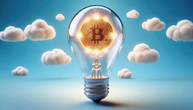 Bec transparent cu bitcoin strălucitor în interiorul cerului albastru, cunoașterea conceptului de cunoaștere cognitivă a conceptul vector illustration