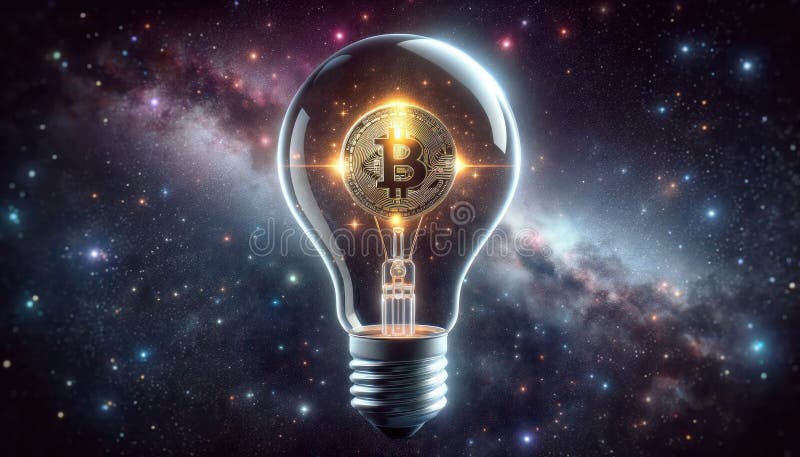 Bec transparent cu bitcoin strălucitor în interiorul galaxiei adânci, cunoștințe de cunoaștere a cunoștințelor cognitive vector illustration