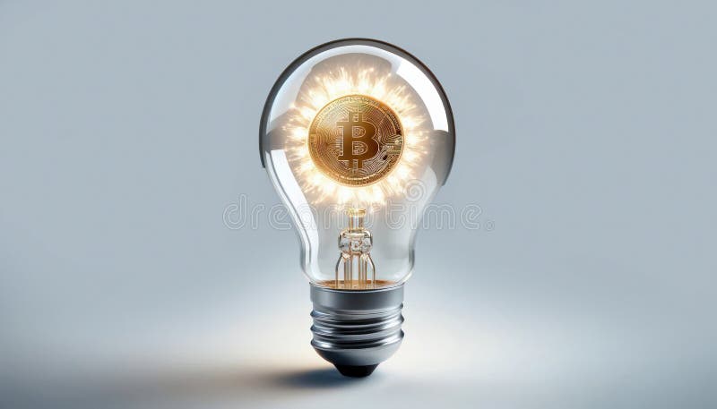 Bec transparent cu bitcoin strălucitor în interiorul cunoștințelor de bază, care înțelege conceptul cognitiv al conceptului stock illustration