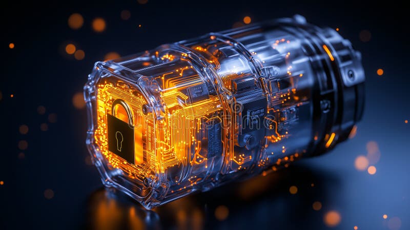 Transparent lock with intricate circuitry and glowing orange lights, symbolizing security and technology. This 3D rendering vector illustration