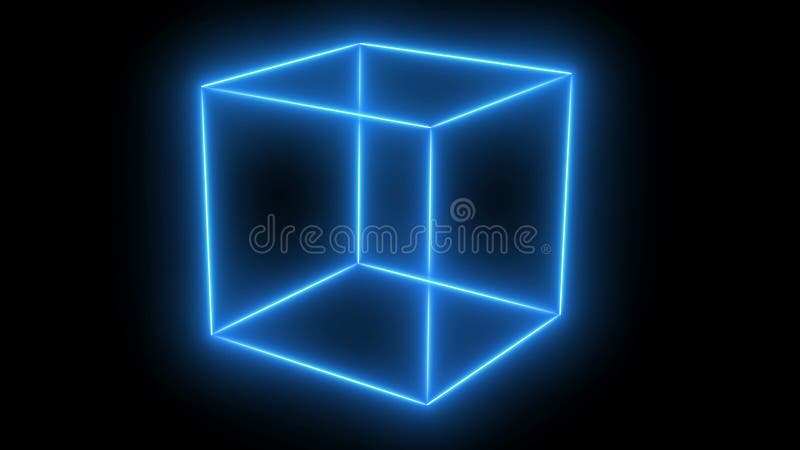 Transparent neon cube in space. 3d background stock illustration