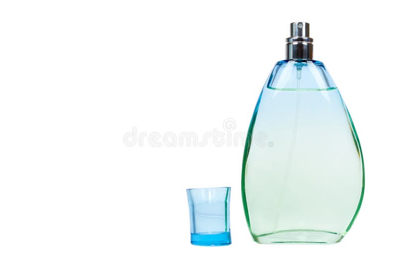 Transparent perfume bottle isolated on white background, copy space template stock image