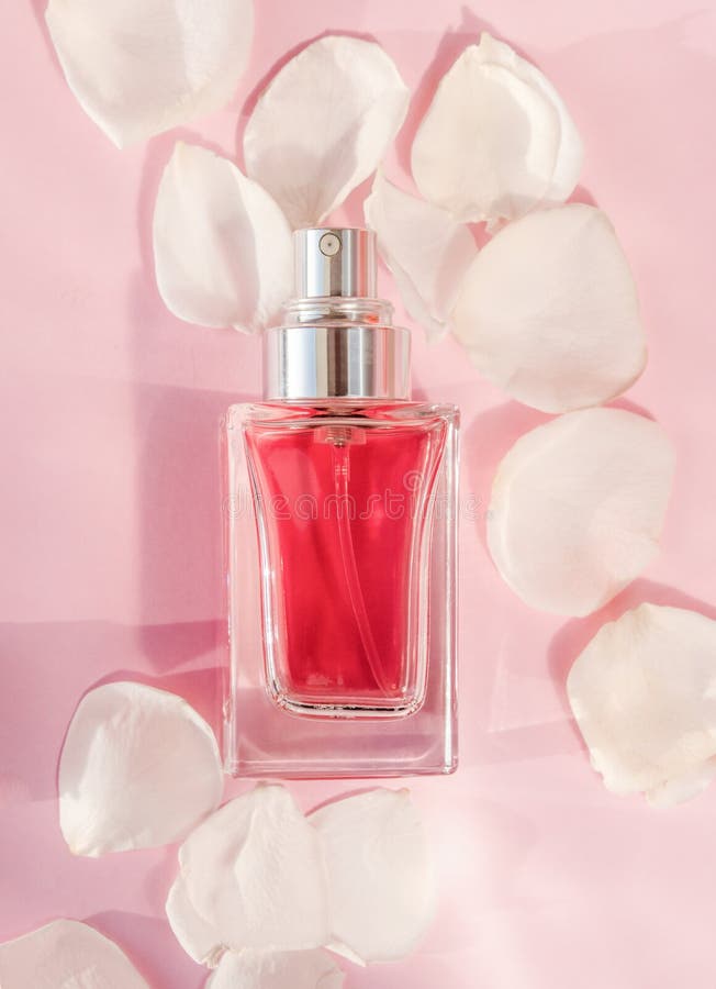 Transparent Perfume Bottle Lying on Pink Background with Rose Petals ...