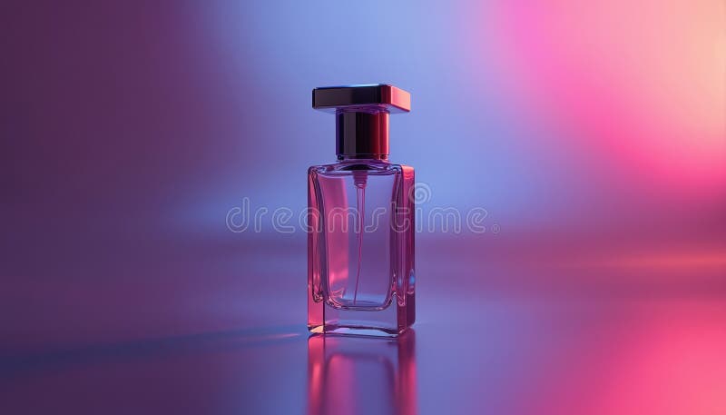 Transparent perfume bottle with shiny metallic cap on gradient blue, pink background. Clear fragrance container with reflective royalty free stock image