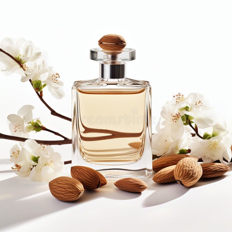 Elegant transparent perfume bottle with almond flowers and nuts on white background royalty free stock photo