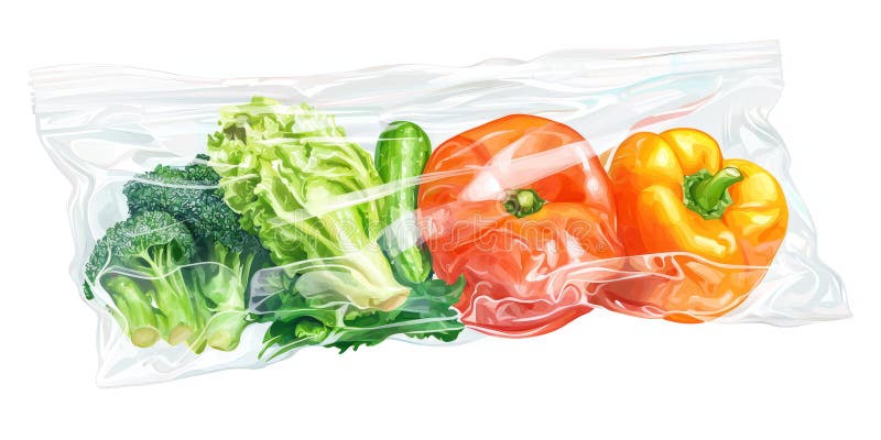 Transparent plastic bag containing fresh produce, beautifully arranged on a white background royalty free illustration