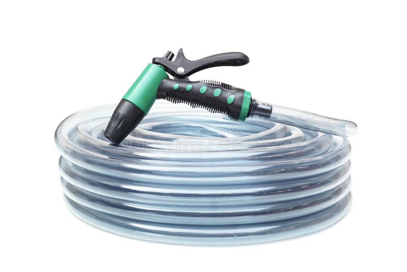 Transparent plastic water hose and water spray gun royalty free stock photos Transparent plastic water hose and water spray gun royalty free stock photos