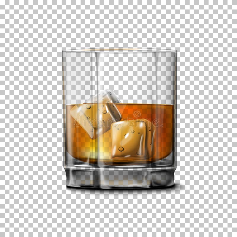 Transparent realistic Vector glass with smokey Scotch Whiskey and ice .