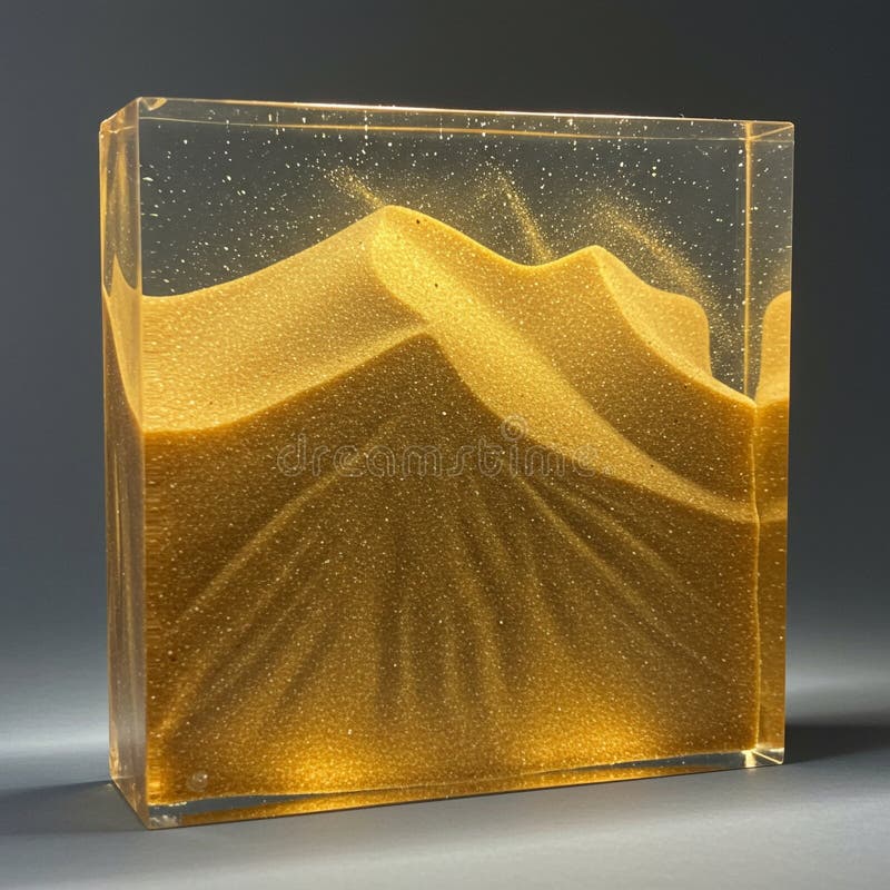 Transparent rectangular container filled with fine, golden sand creates abstract patterns resembling dunes stock illustration