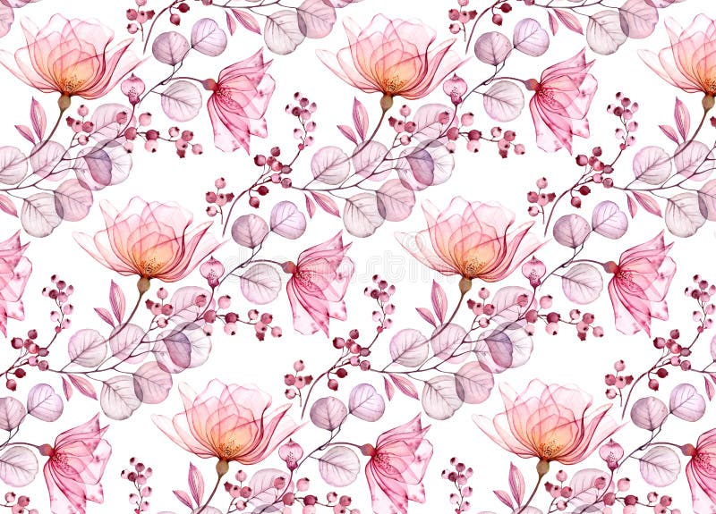 Transparent Rose Watercolor Pattern. Hand Drawn Floral Background with Pink  Berries for Wedding Design, Surface, Textile Stock Photo - Image of  watercolor, modern: 213712848