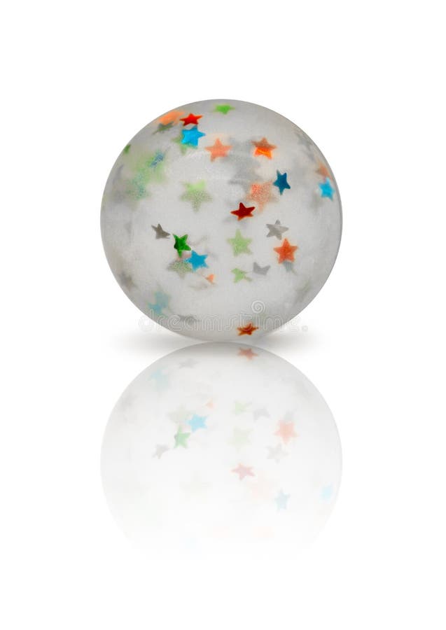 Transparent rubber ball with colorful stars inside isolated on w