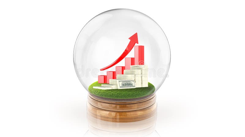 Transparent sphere ball with rising graph and dollars inside. 3D rendering.