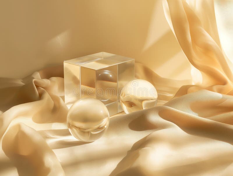 Transparent Spheres and Cube on Satin Fabric royalty free stock photo