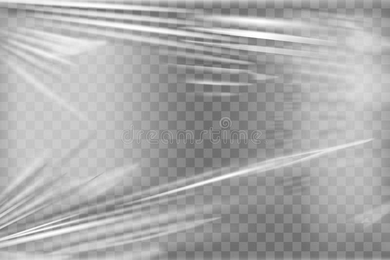 Transparent stretch plastic wrap texture. Realistic polyethylene wrapping stretch film background. Vector transparent royalty free illustration