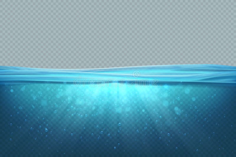 Transparent underwater background. Realistic blue sea water surface, 3D ocean pool lake deep wave concept. Marine