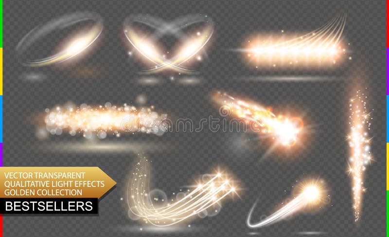 golden flare. Transparent vector light effect set, glitter, spark, star trail, comet or meteor. Abstract translucent