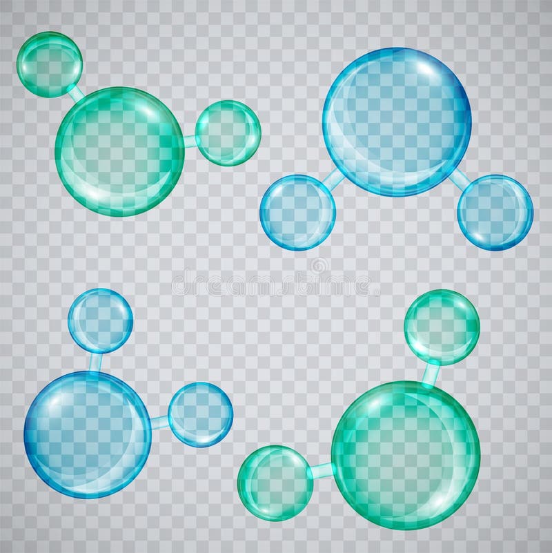Transparent water molecules on a plaid background green and blue color. Illustration. Oxygen molecule blue vectors